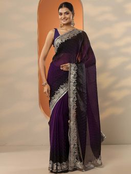 Libas - Purple Organza Embellished Saree with Unstitched Blouse