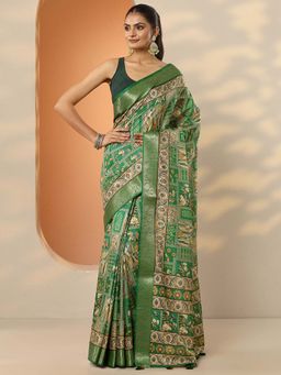 Libas - Green Silk Blend Printed Saree with Unstitched Blouse
