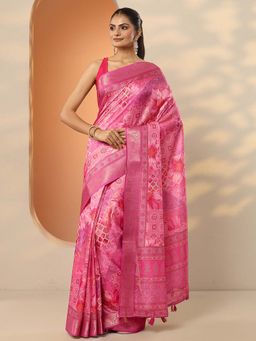 Libas - Pink Silk Blend Printed Saree with Unstitched Blouse