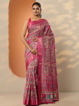 Libas - Pink Silk Blend Printed Saree with Unstitched Blouse