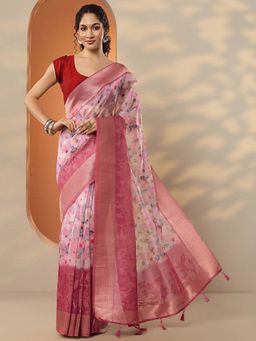 Libas - Pink Organza Printed Saree with Unstitched Blouse