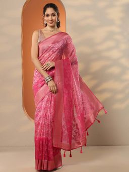 Libas - Pink Organza Printed Saree with Unstitched Blouse