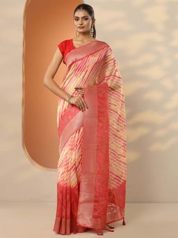 Libas - Coral Organza Printed Saree with Unstitched Blouse