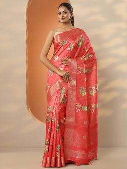 Libas - Coral Silk Blend Printed Saree with Unstitched Blouse
