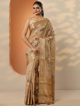 Libas - Brown Silk Blend Printed Saree with Unstitched Blouse