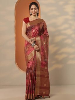 Libas - Brown Silk Blend Printed Saree with Unstitched Blouse