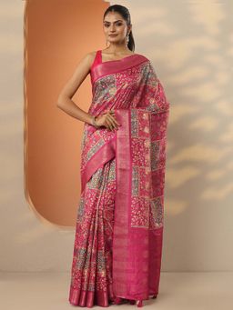Libas - Pink Silk Blend Printed Saree with Unstitched Blouse