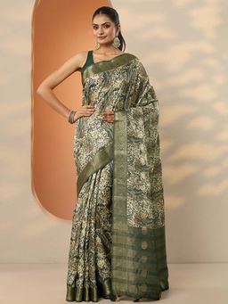 Libas - Green Silk Blend Printed Saree with Unstitched Blouse