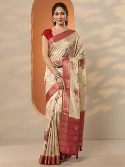 Libas - Beige Silk Blend Printed Saree with Unstitched Blouse