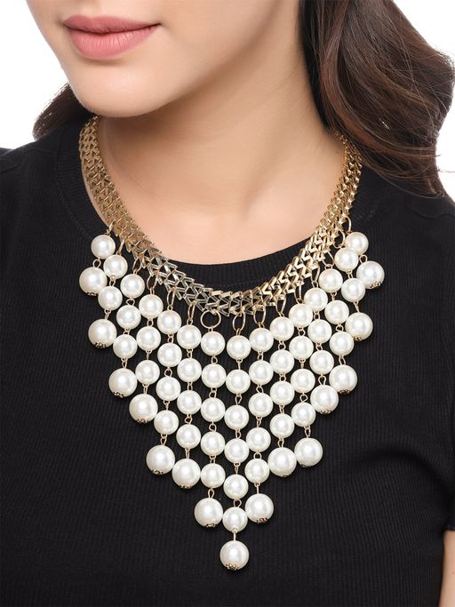 Yellow Chimes Multi-Layer Tassel Pearl Beads Collar Choker Necklace
