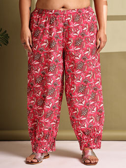 theRebelinme - Plus Size Women Fuchsia Floral Printed Woven Trouser