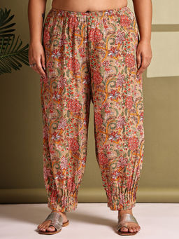 theRebelinme - Plus Size Women Green Floral Printed Woven Trouser