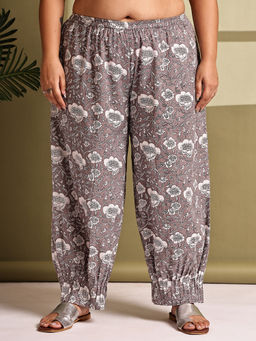 theRebelinme - Plus Size Women Grey Monotone Floral Printed Woven Trouser