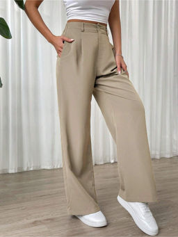 Fnocks - Women Cream Casual High Waisted Trouser