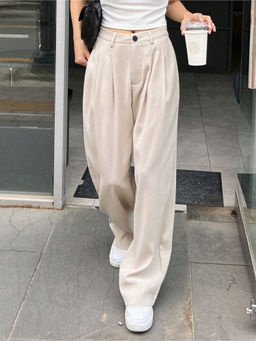 Fnocks - Women Off White Casual High Waisted Trouser