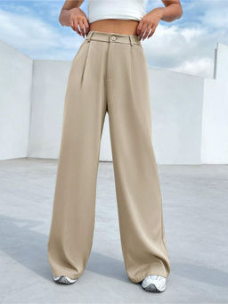 Fnocks - Women Cream Wide Leg High Waisted Casual Outfit Trouser