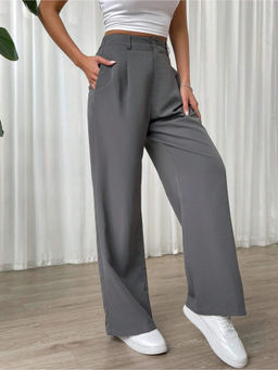 Fnocks - Women Grey Casual High Waisted Trouser