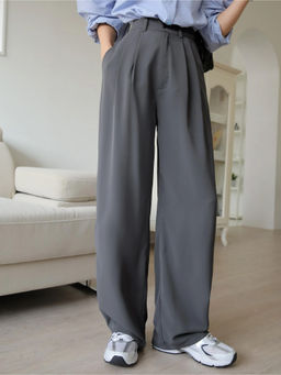 Fnocks - Women Grey Wide Leg High Waisted Casual Outfit Trouser