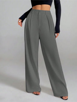 Fnocks - Women Grey Casual High Waisted Dressy Trouser