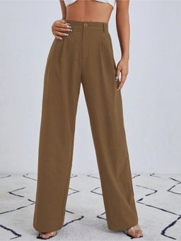Fnocks - Women Brown Formal High-Waist Wide-Leg Trouser