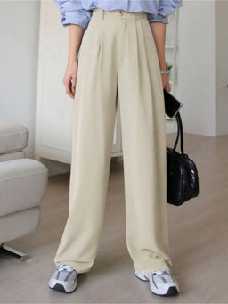 Fnocks - Women Cream Wide Leg Dress Trouser