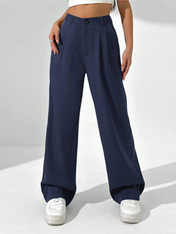 Fnocks - Women Navy Blue Casual High Waisted Dressy Trouser