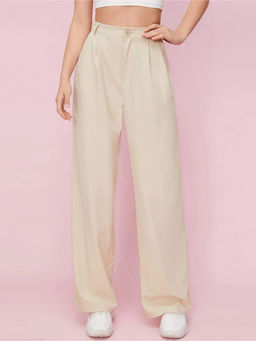 Fnocks - Women Beige Formal High-Waist Wide-Leg Trouser