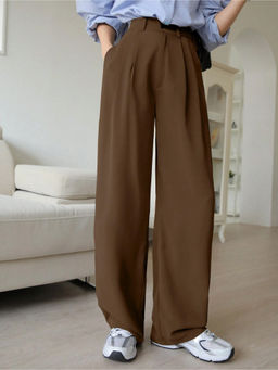 Fnocks - Women Brown Wide Leg High Waisted Casual Outfit Trouser