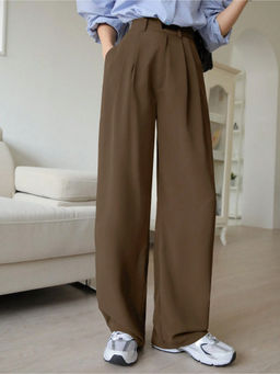Fnocks - Women Khaki Wide Leg High Waisted Casual Outfit Trouser