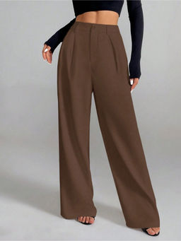 Fnocks - Women Brown Casual High Waisted Dressy Trouser