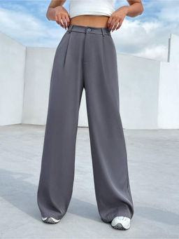 Fnocks - Women Grey Wide Leg High Waisted Casual Outfit Trouser