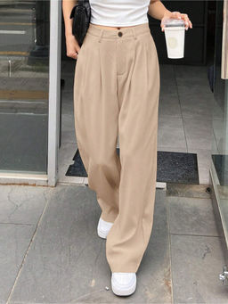 Fnocks - Women Beige Casual High Waisted Trouser