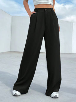 Fnocks - Women Black Wide Leg High Waisted Casual Outfit Trouser
