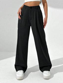 Fnocks - Women Black Casual High Waisted Dressy Trouser