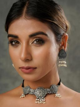 VIRAASI - Silver Toned Pearl Studded Oxidised Choker Necklace Jewellery Set