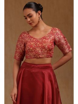 Soch - Maroon Tussar Floral Half Sleeves Blouse