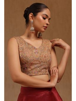 Soch - Beige Chinon Embroidered Sleeveless Blouse with Unstitched Sleeves