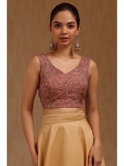 Soch - Brown Chinon Embroidered Sleeveless Blouse with Unstitched Sleeves