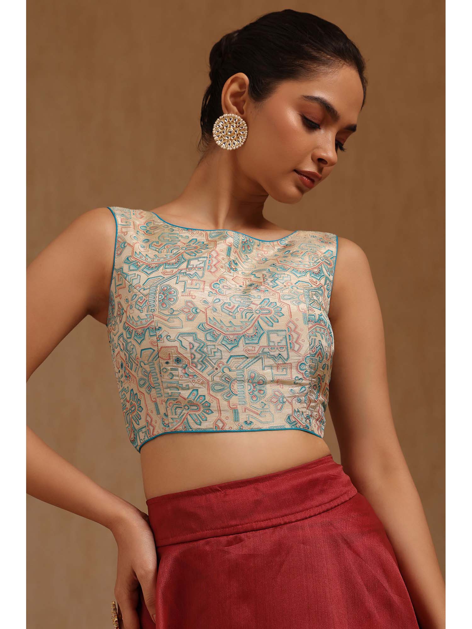 soch Blue Tussar Woven Sleeveless Blouse with Unstitched Sleeves-picture-23