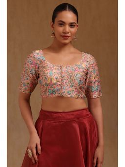 Soch - Peach Art Silk Floral Half Sleeves Blouse