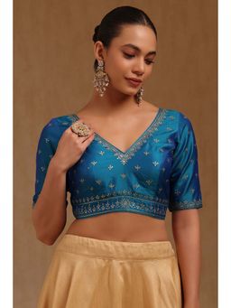 Soch - Blue Tussar Embroidered Half Sleeves Blouse