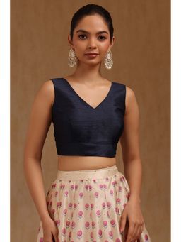 Soch - Navy Blue Tussar Solid Sleeveless Blouse with Unstitched Sleeves