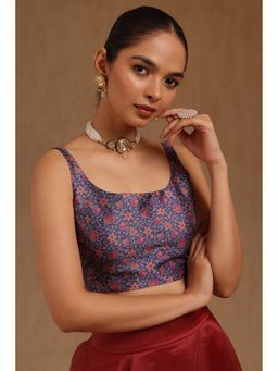 Soch - Navy Blue Art Silk Floral Sleeveless Blouse