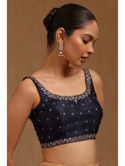 Soch - Navy Blue Tussar Embroidered Sleeveless Blouse