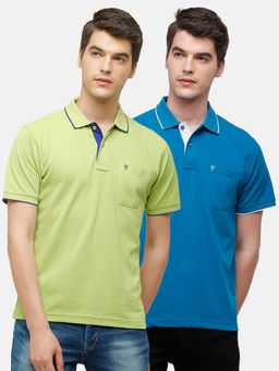 Classic Polo - Men Solid Green & Blue Cotton Blend Regular Fit Polo T-Shirts (Pack of 2)