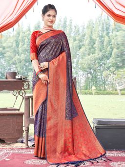Sangam Prints - Navy Blue Silk Woven Zari Work Traditional Tassel Saree with Unstitched Blouse