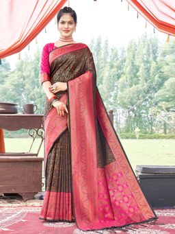 Sangam Prints - Navy Blue Silk Woven Zari Work Traditional Tassel Saree with Unstitched Blouse