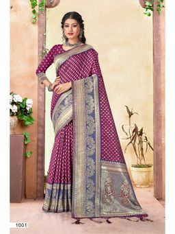 Sangam Prints - Wine Silk Traditional Tassel Saree with Unstitched Blouse