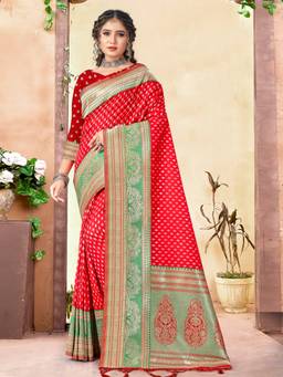 Sangam Prints - Red Silk Traditional Tassel Saree with Unstitched Blouse