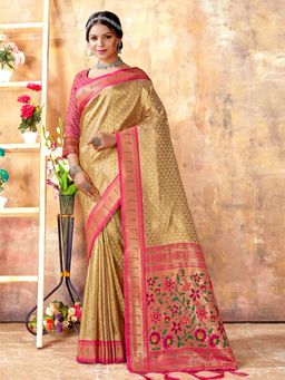 Sangam Prints - Beige Kanjivaram Silk Woven Zari Work Traditional Tassel Saree with Unstitched Blouse